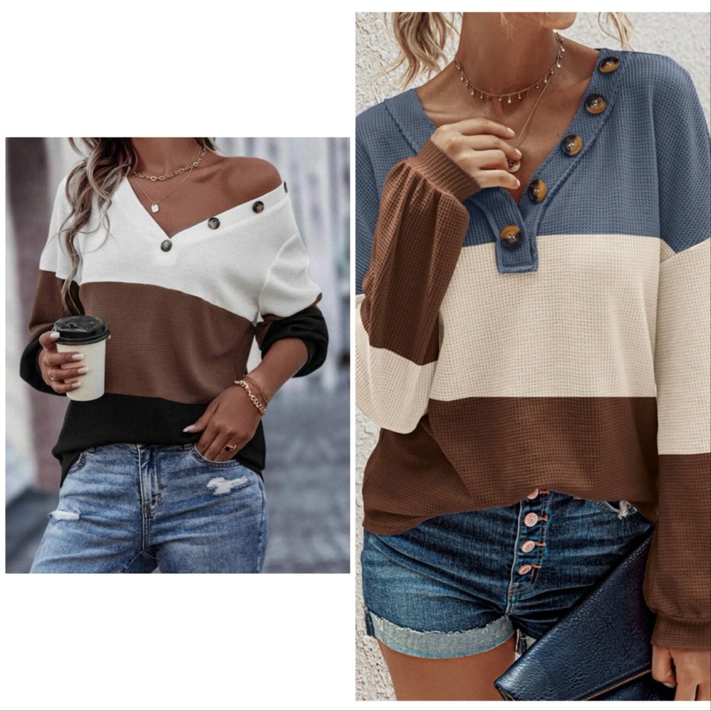BTFBM Women Waffle Knit Shirt V-Neck Long Sleeve Casual Slouchy Loose Pullover